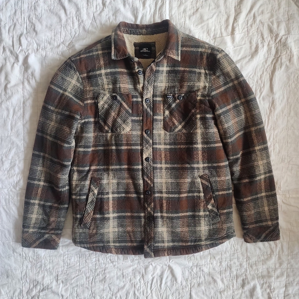 O'NEILL Redmond Sherpa Flannel Shirt Jacket - Size Large - Brown Tan Plaid